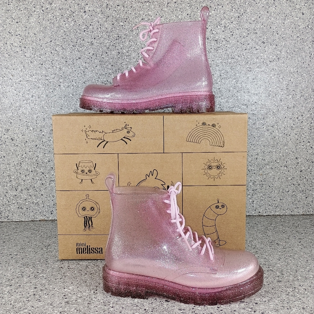 Mini Melissa Pink Glitter Girls Coturno Combat Rubber Jelly Boots
